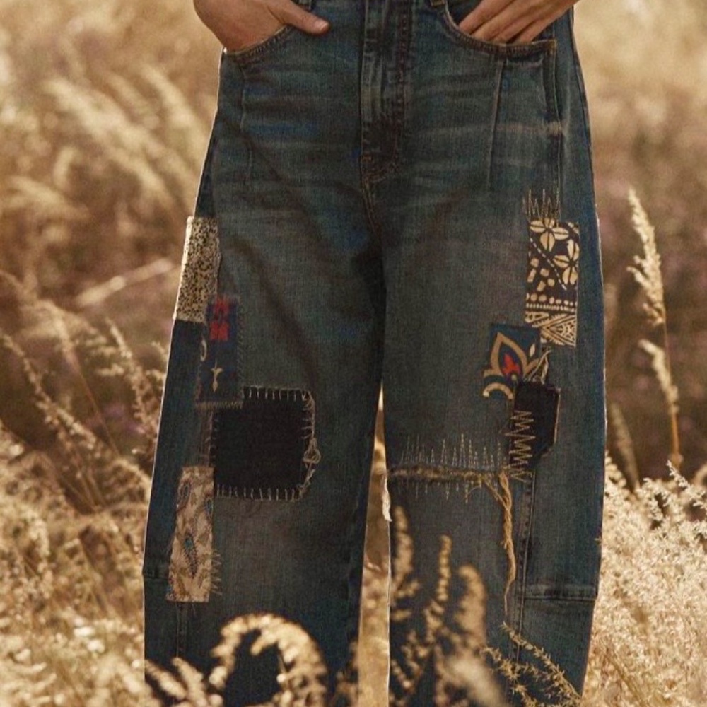 Wide-Leg Patchwork Blue Jeans for Women - Picture 4 of 7